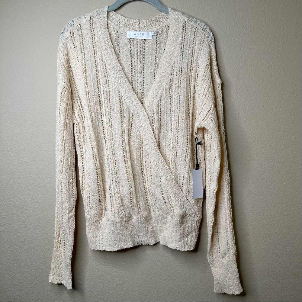 ASTR the Label Sweater Women’s Pointelle Mock Wrap Ribbed Hem Knit Cream Size XL